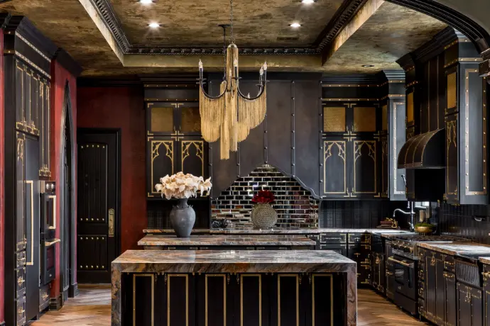 Luxurious Gothic black kitchen interior.| Mainland Stoneworks